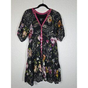 Love Kyla Black Floral Button-Up Tunic Dress 3/4 Sleeves Size XS